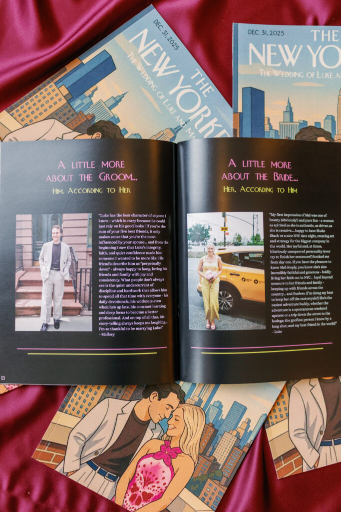 Custom wedding newspaper program with New York theme and couple story details on burgundy fabric