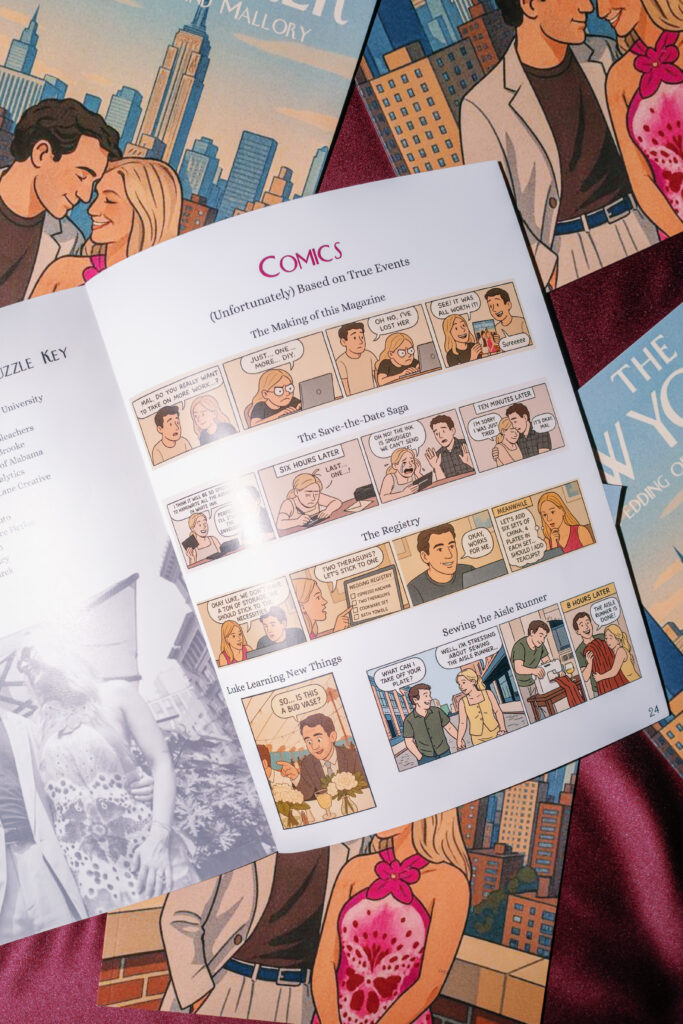 Custom wedding newspaper program with New York theme and couple story details on burgundy fabric